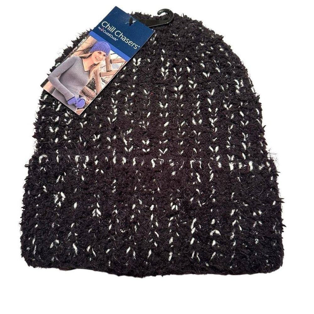 Chill Chasers by Cuddl Duds Knit Beanie Hat Black White Speckled One Size NEW